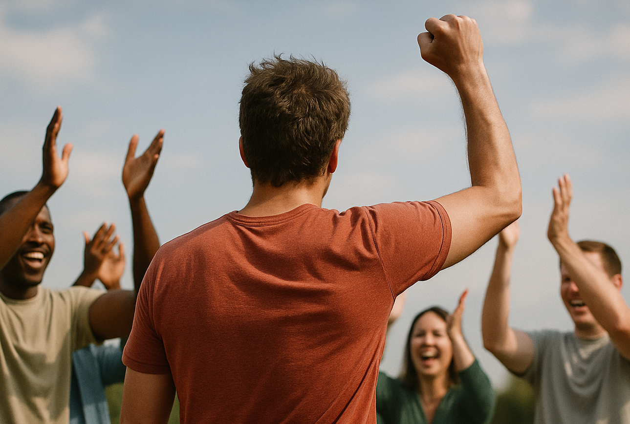 young man raising his fist in victory while crowd around him cheers