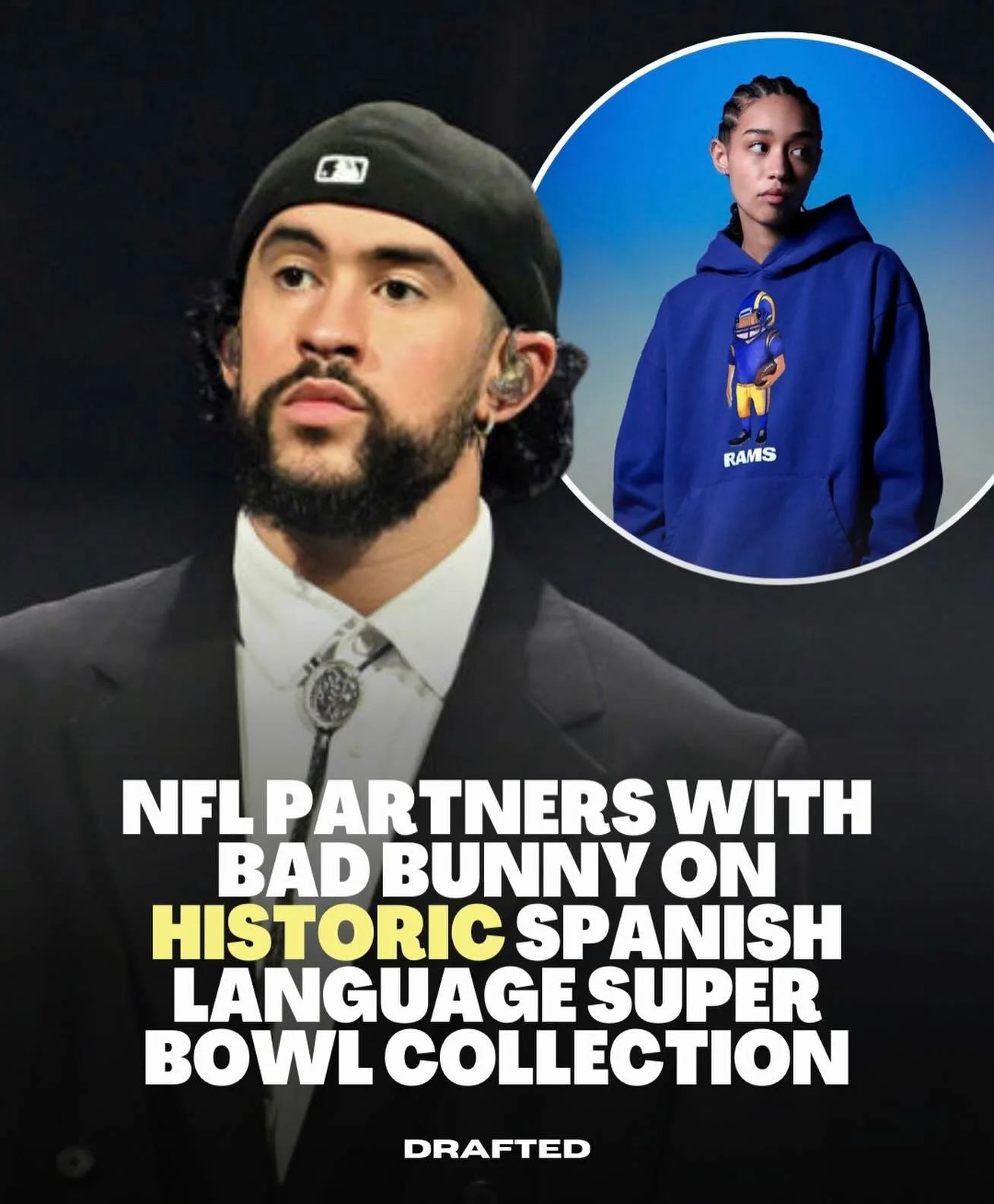 Bad Bunny has partnered with the NFL on two limited edition Super Bowl capsule collections, marking the first time official NFL licensed Super Bowl merchandise will feature Spanish language branding. 

The collaboration signals a historic shift in ho