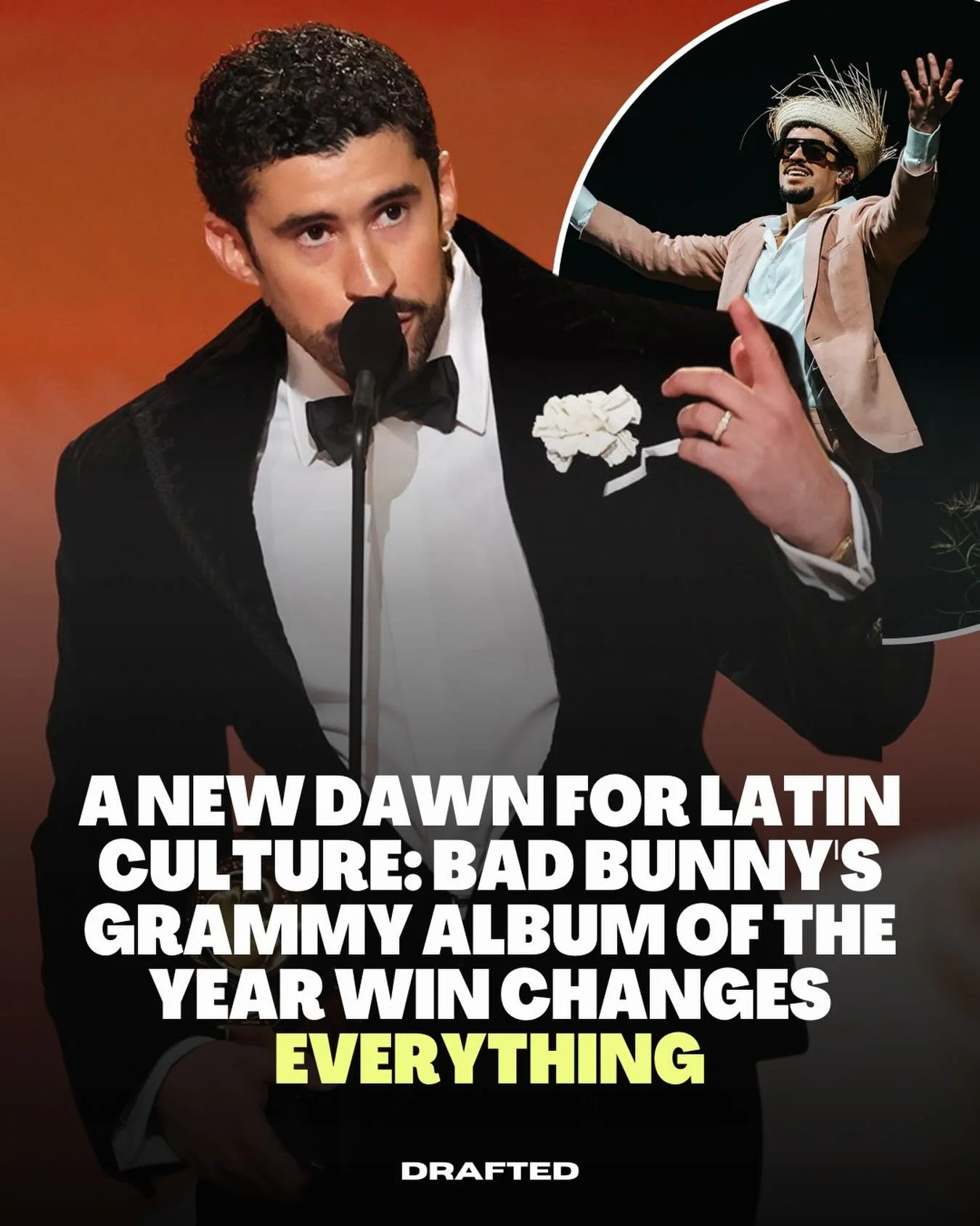 Bad Bunny just made Grammy history. 🏆

The first Spanish language album to win Album of the Year.

For years, Spanish language albums were limited to Latin categories, even while dominating global charts, tours, and streaming. With DeB&Iacute; TiRAR