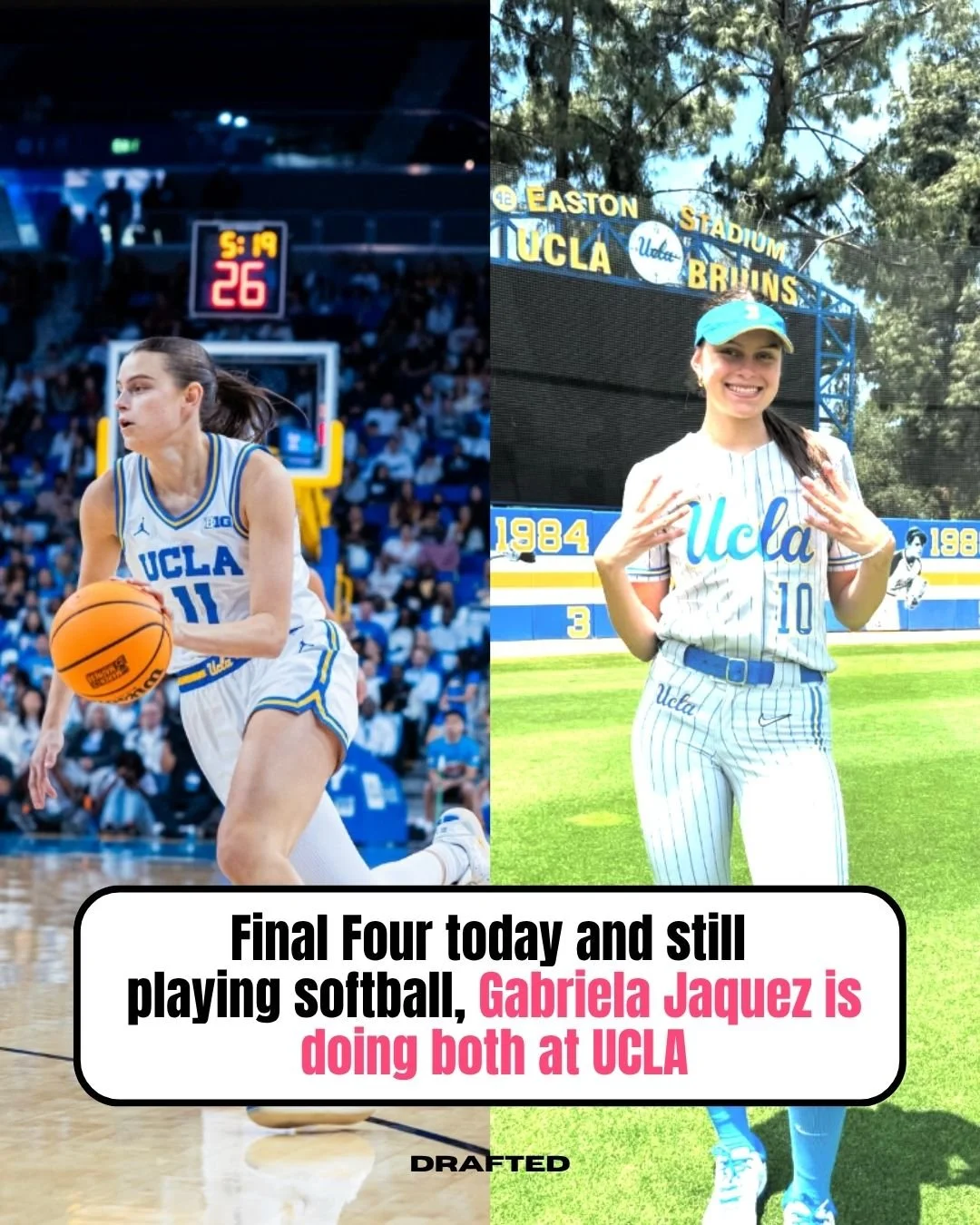 Final Four today... 🏀
And Gabriela Jaquez is still playing another NCAA sport at the same time.

The UCLA guard joined the school&rsquo;s softball team in 2024 and never stepped away, meaning she&rsquo;s been balancing both basketball and softball f