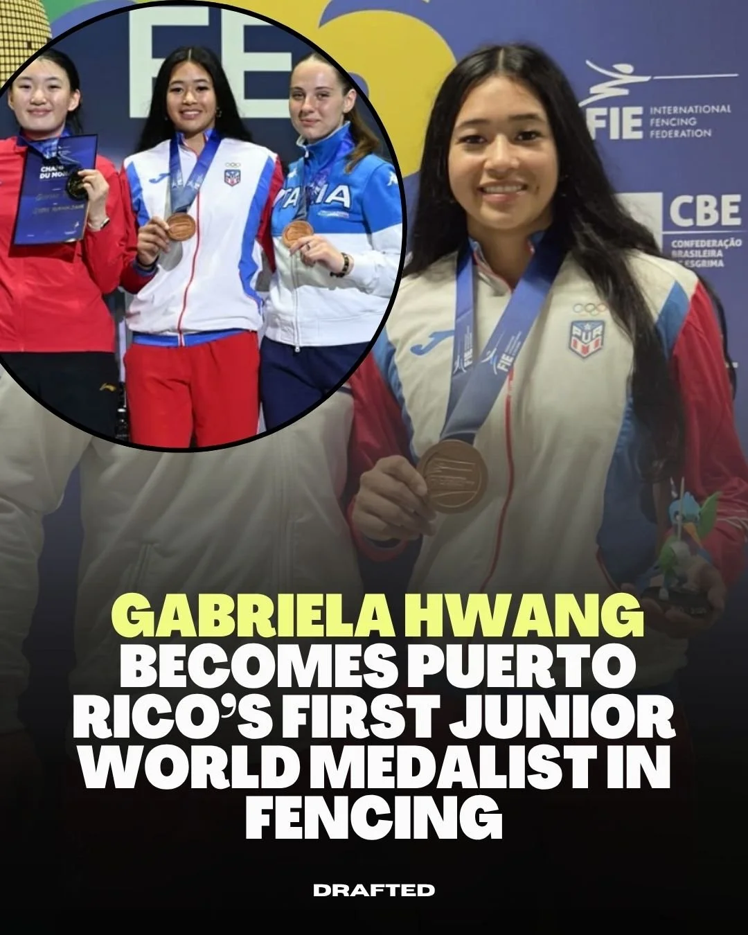 Gabriela Hwang has made history for Puerto Rico.

The 18-year-old fencer won bronze at the Junior World Championships in Rio, becoming the first Puerto Rican athlete to earn a medal at the Junior World Championships in fencing.

Hwang adds this resul