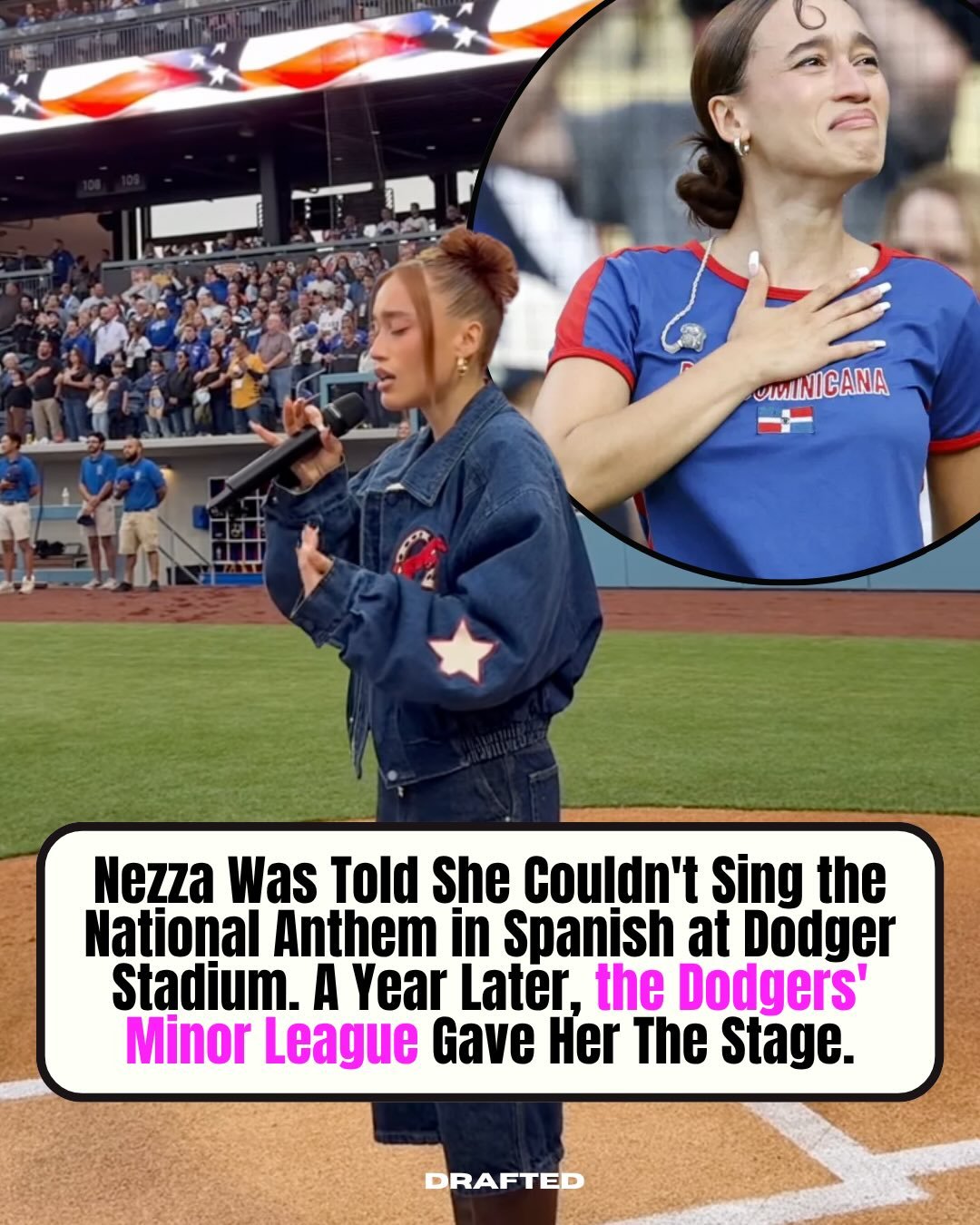 Nezza had planned to sing the national anthem in Spanglish, but as immigration raids escalated across LA, she decided to perform it entirely in Spanish to reflect what her community was experiencing in real time. 

She says the Dodgers pushed back an