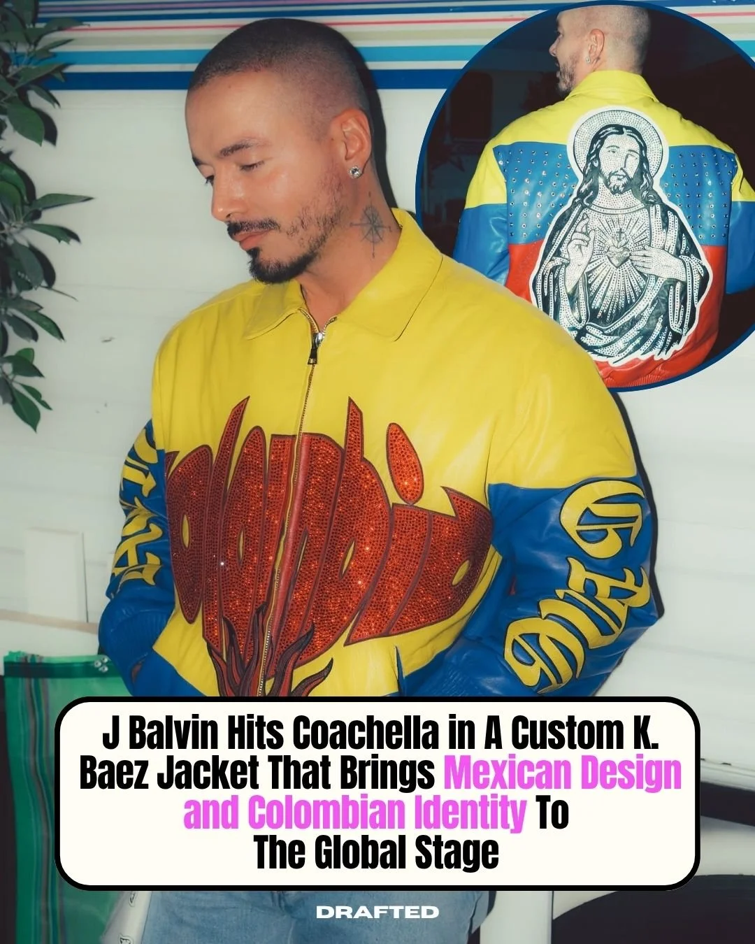 J Balvin pulled up to Coachella in a custom K. Baez jacket, and this one feels rooted.

Designed by a Mexican creative, the piece brings Colombian colors, religious iconography, and bold detailing into one look that carries real identity. It&rsquo;s 