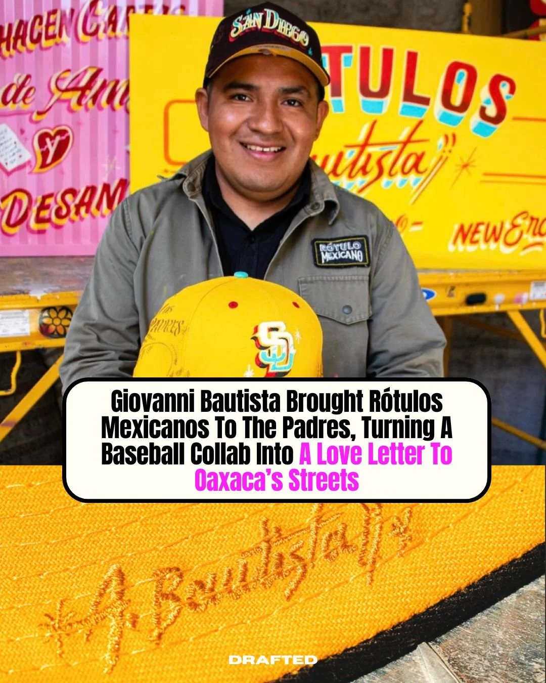 This isn&rsquo;t just Padres merch. It&rsquo;s a whole storefront sign turned into a baseball drop.

Giovanni Bautista brought Mexican rotulismo, the bold, hand-painted lettering you see on mercados, taquer&iacute;as, and neighborhood walls, straight