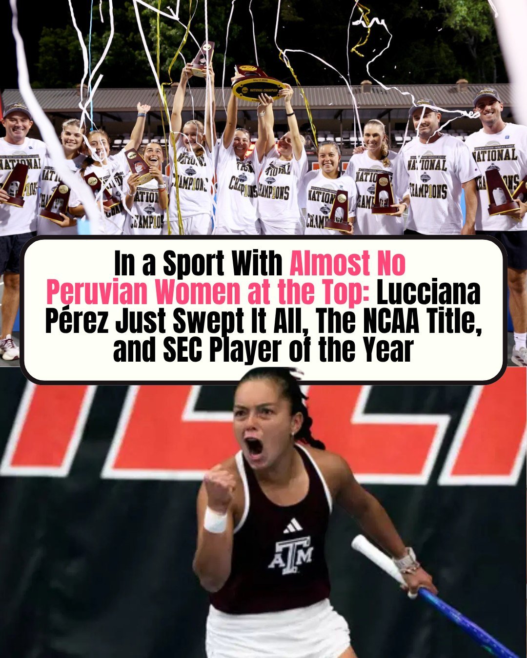 Some seasons are good. Some seasons are historic.

Peruvian tennis player Lucciana Perez helped Texas A&amp;M win the NCAA Women&rsquo;s Tennis Championship and closed the year with a perfect 28&ndash;0 singles record. 🇵🇪

No losses. No drop-off. N