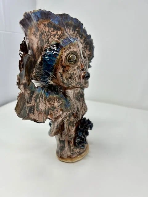 Hand Built, Speckled-Buff clay, Five glazes. 
Fired to Cone 5 in home kiln. 
Dimensions:  11.5" x 9" 