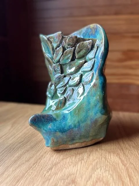 Hand Built, Speckled-Buff clay, Six glazes. 
Fired to Cone 5 in home kiln. 