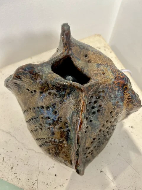 Hand Built, Speckled-Buff clay, Three glazes. 
Fired to Cone 5 in community kiln. 
Dimensions:  8" x 8"