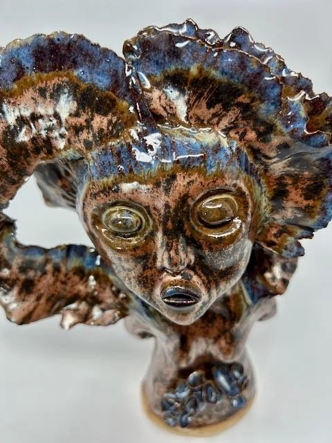 Hand Built, Speckled-Buff clay, Five glazes. 
Fired to Cone 5 in home kiln. 
Dimensions:  11.5" x 9" 