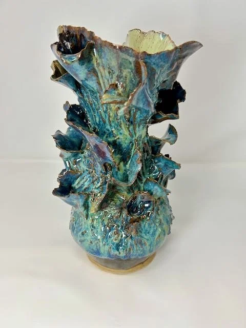 Hand Built, Speckled Buff clay, Six glazes.
Fired to Cone 5 in home kiln. 
Dimensions: 11"x 8"