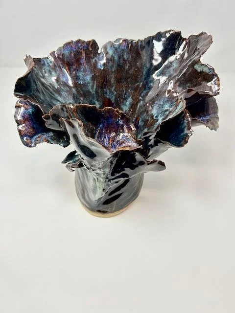 Hand Built, Speckled-Buff clay, Five glazes. 
Fired to Cone 5 in home kiln. 
Dimensions:  9" x 10" 