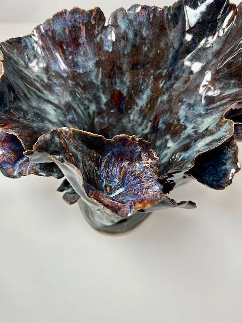 Hand Built, Speckled-Buff clay, Five glazes. 
Fired to Cone 5 in home kiln. 
Dimensions:  9" x 10" 
