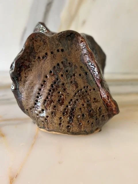 Hand Built, Speckled-Buff clay, Three glazes. 
Fired to Cone 5 in community kiln. 
Dimensions:  8" x 8"