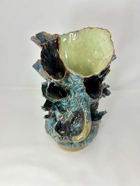 Hand Built, Speckled Buff clay, Six glazes.
Fired to Cone 5 in home kiln. 
Dimensions: 11"x 8"