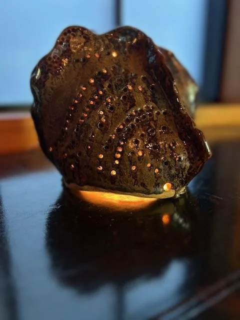Hand Built, Speckled-Buff clay, Three glazes. 
Fired to Cone 5 in community kiln. 
Dimensions:  8" x 8"