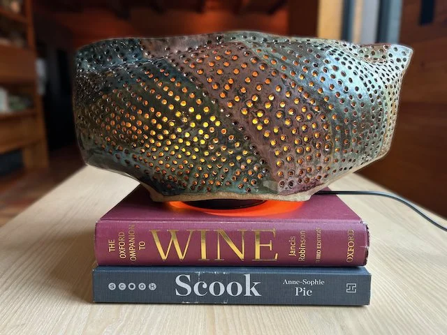 Hand Built, Speckled-Buff clay, Three glazes. 
Fired to Cone 5 in community kiln. 
Dimensions:  18" x 9"
