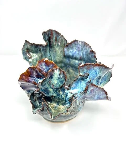 Hand Built, Speckled Buff clay, Seven glazes. Fired to Cone 5 in home kiln. 