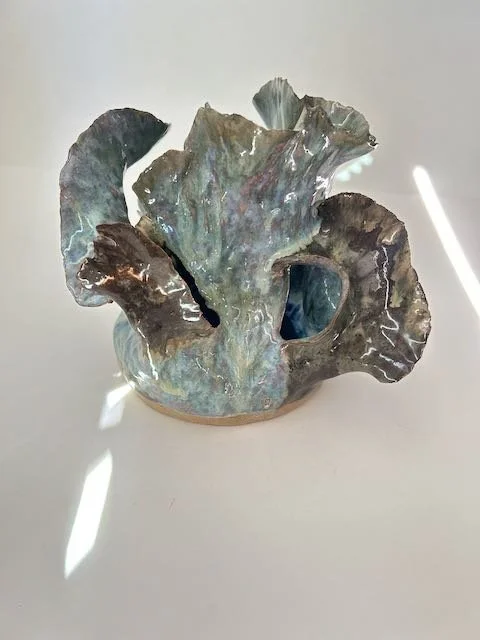 Hand Built, Speckled Buff clay, Five glazes. Fired to Cone 5 in community kiln. 
Dimensions: 11" x 10.5"