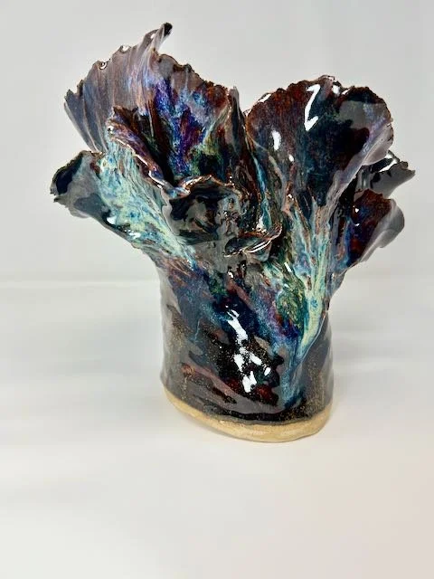 Hand Built, Speckled-Buff clay, Five glazes. 
Fired to Cone 5 in home kiln. 