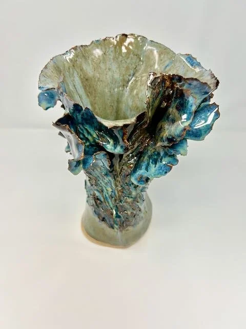 Hand Built, Speckled Buff clay, Five glazes.
Fired to Cone 5 in home kiln. 
Dimensions: 9.5"x 7"