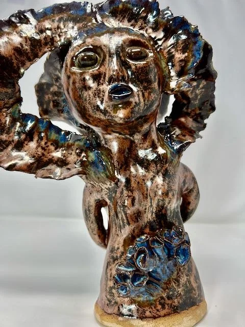 Hand Built, Speckled-Buff clay, Five glazes. 
Fired to Cone 5 in home kiln. 
Dimensions:  11.5" x 9" 