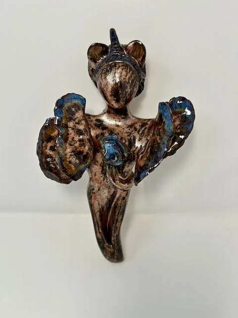 Hand Built, Speckled-Buff clay, Two glazes. 
Fired to Cone 5 in home kiln. 
Dimensions:  10" x 6" 
