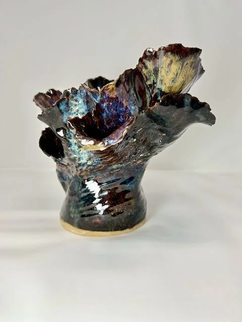 Hand Built, Speckled-Buff clay, Five glazes. 
Fired to Cone 5 in home kiln. 
Dimensions:  9" x 10" 