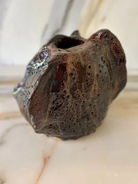 Hand Built, Speckled-Buff clay, Three glazes. 
Fired to Cone 5 in community kiln. 
Dimensions:  8" x 8"