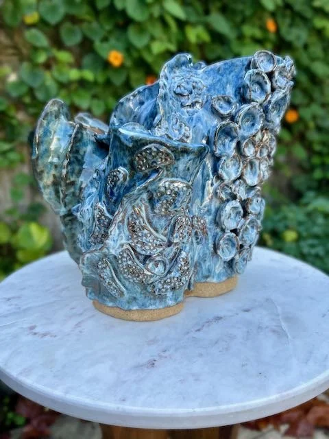 Hand Built, Speckled-Buff clay, Four glazes. 
Fired to Cone 5 in community kiln. 
Dimensions: 11" x 14" 