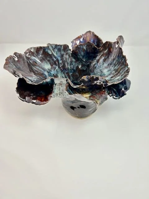 Hand Built, Speckled-Buff clay, Five glazes. 
Fired to Cone 5 in home kiln. 
Dimensions:  9" x 10" 