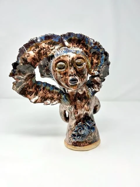 Hand Built, Speckled-Buff clay, Five glazes. 
Fired to Cone 5 in home kiln. 
Dimensions:  11.5" x 9" 