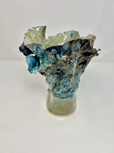 Hand Built, Speckled Buff clay, Five glazes.
Fired to Cone 5 in home kiln. 
Dimensions: 9.5"x 7"