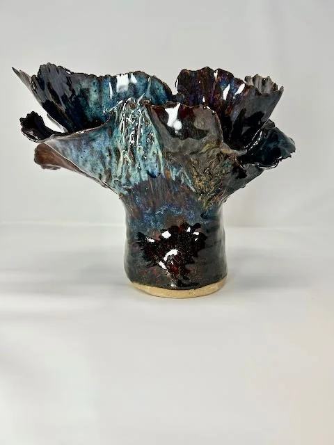 Hand Built, Speckled-Buff clay, Five glazes. 
Fired to Cone 5 in home kiln. 
Dimensions:  9" x 10" 