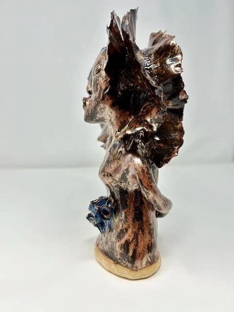 Hand Built, Speckled-Buff clay, Five glazes. 
Fired to Cone 5 in home kiln. 
Dimensions:  11.5" x 9" 