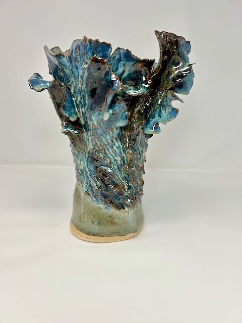Hand Built, Speckled Buff clay, Five glazes.
Fired to Cone 5 in home kiln. 
Dimensions: 9.5"x 7"