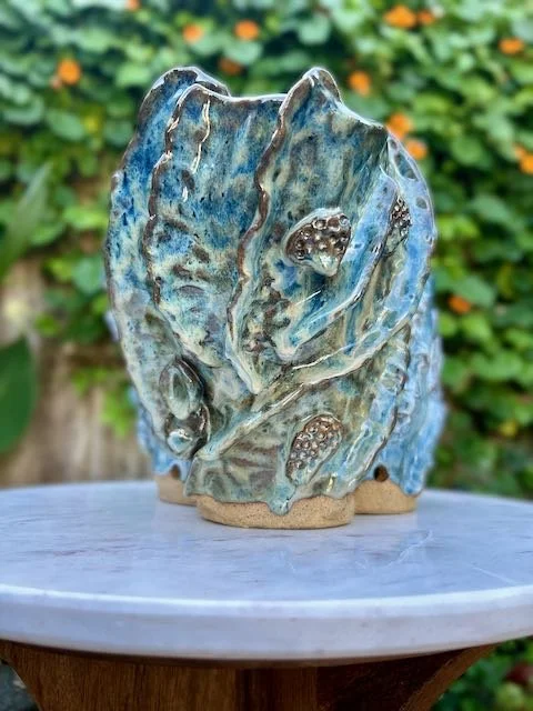 Hand Built, Speckled-Buff clay, Four glazes. 
Fired to Cone 5 in community kiln. 
Dimensions: 11" x 14" 
