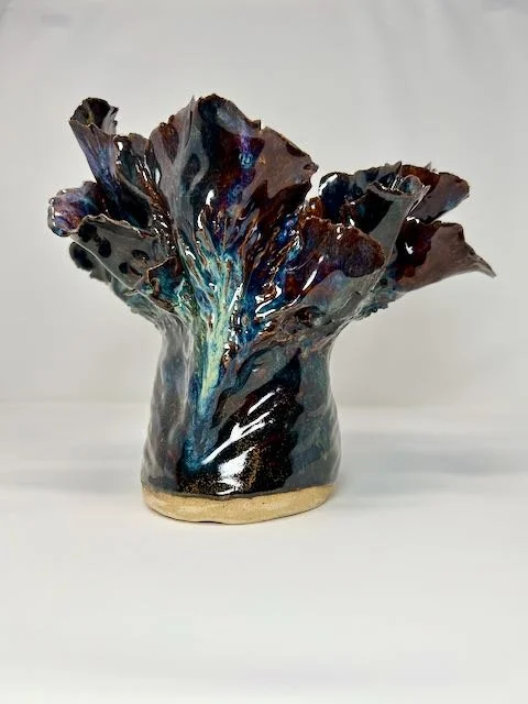 Hand Built, Speckled-Buff clay, Five glazes. 
Fired to Cone 5 in home kiln. 
Dimensions:  9" x 10" 