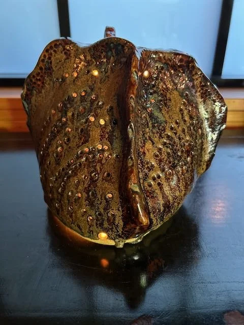 Hand Built, Speckled-Buff clay, Three glazes. 
Fired to Cone 5 in community kiln. 
Dimensions:  8" x 8"