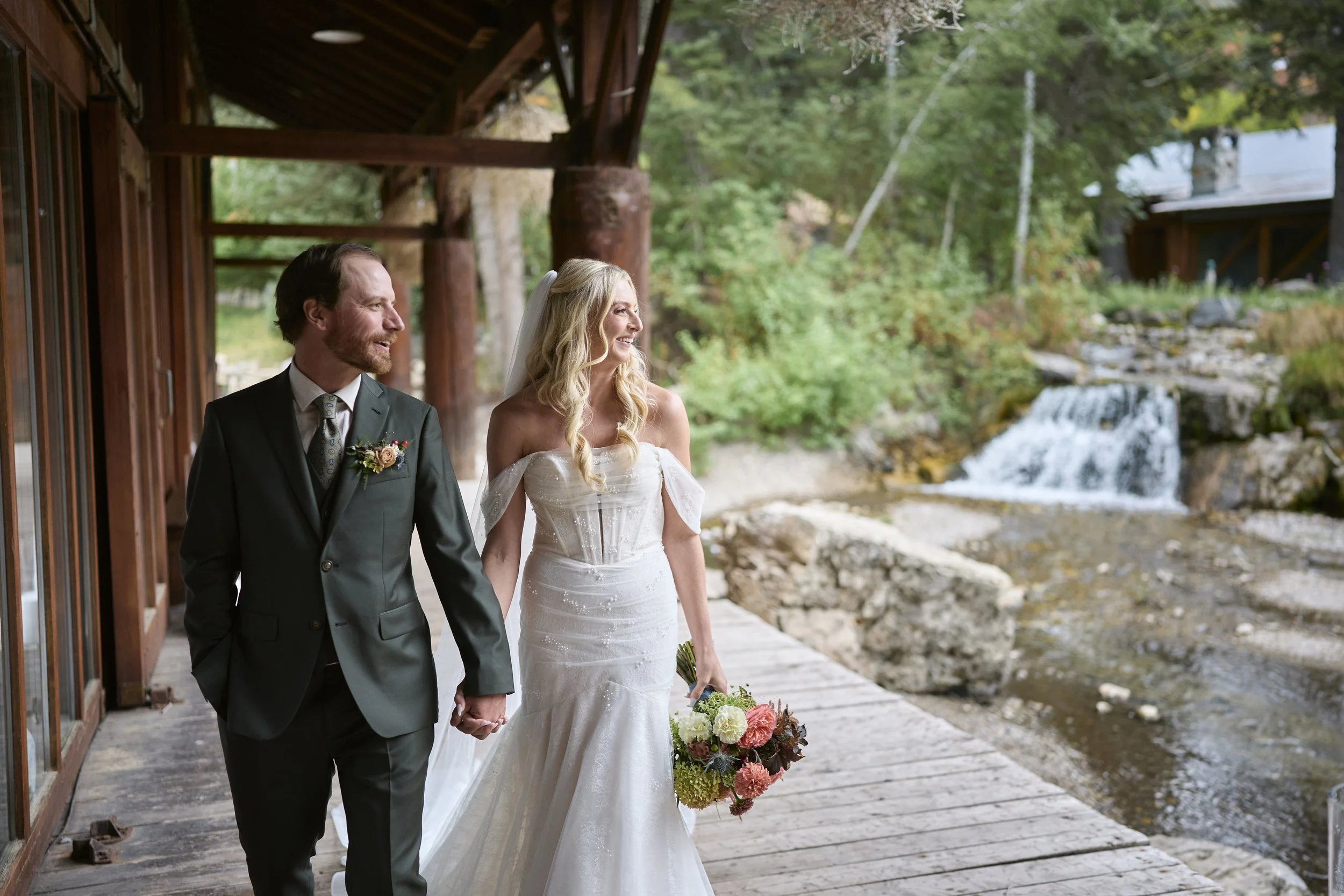Bride and groom at Rehearsal Hall for their fall wedding planned by Heirloom Weddings & Events at Sundance resort in Utah.