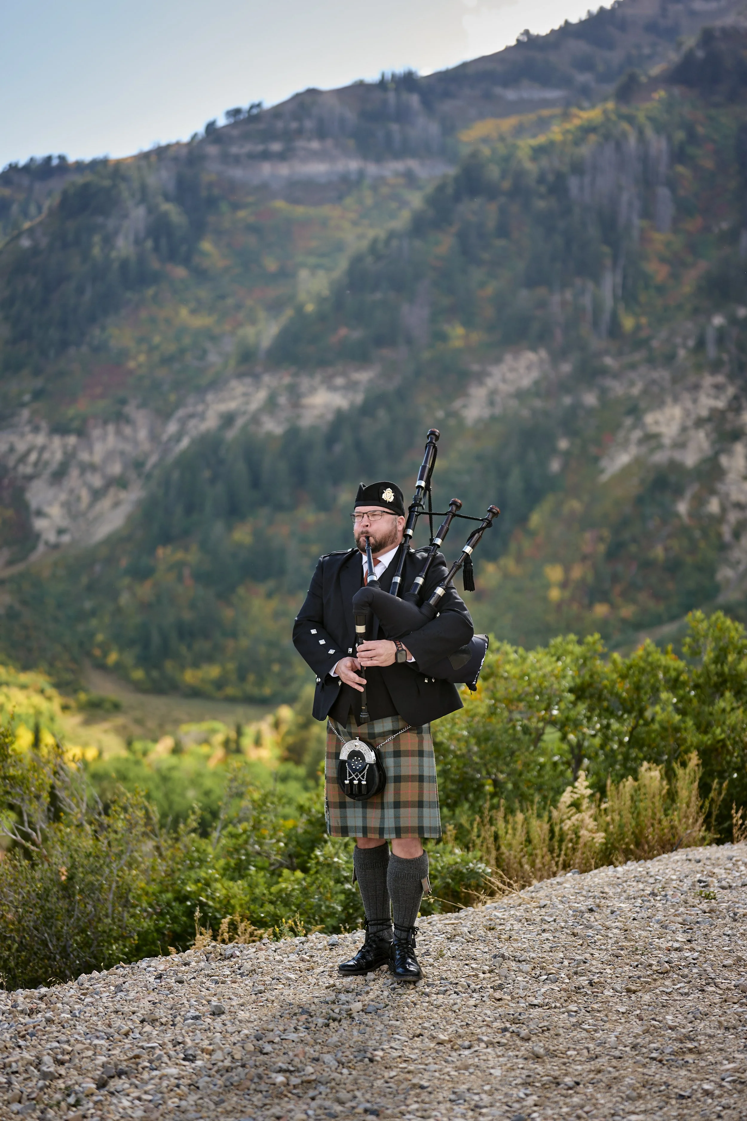 Live wedding ceremony music, bagpiper at Sundance Resort wedding.