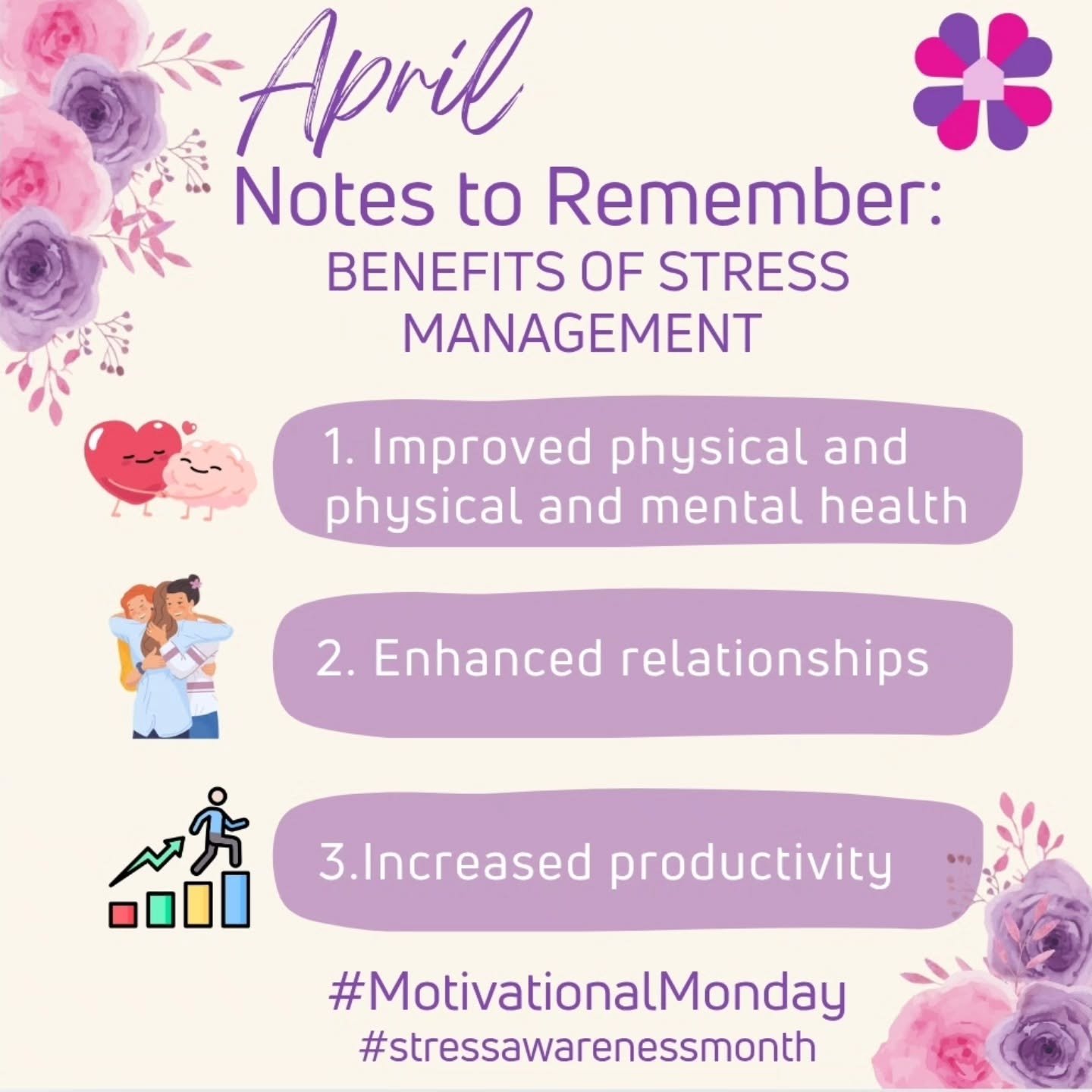 Happy Monday! As we are approaching the end of Stress Awareness Month, remember stress management offers numerous benefits including improved physical and mental health, enhanced relationships, and increased productivity. By managing stress effective