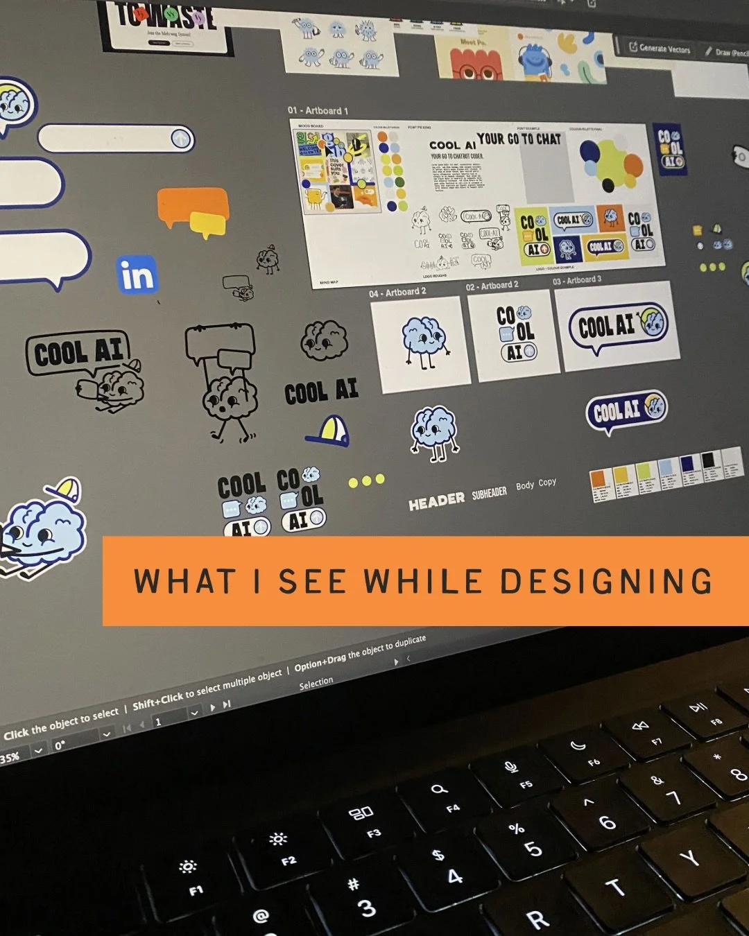 What I see vs. what you get 🔥

Slide 1: the chaos - sketches everywhere, colours fighting for the spotlight, fonts auditioning, ideas overlapping. A magical, creative spiral.

Slide 2: the clarity - a brand that hits. Cohesive, bold, alive, and read