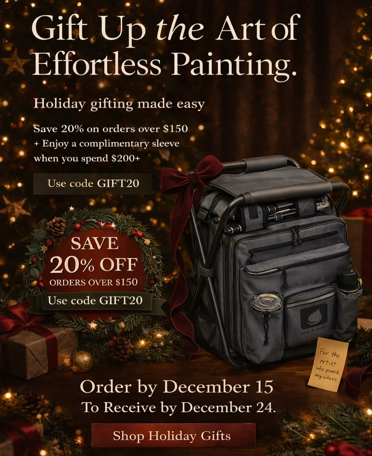 Gift the Art of EffortlessPainting.
Holiday gifting made easy Save 20% on any order over $150, and enjoy a complimentary sleeve (a $20 value) when you spend $200+ 💌 promo code GIFT20 Innovative Plein air Systems that inspire creativity, give the art