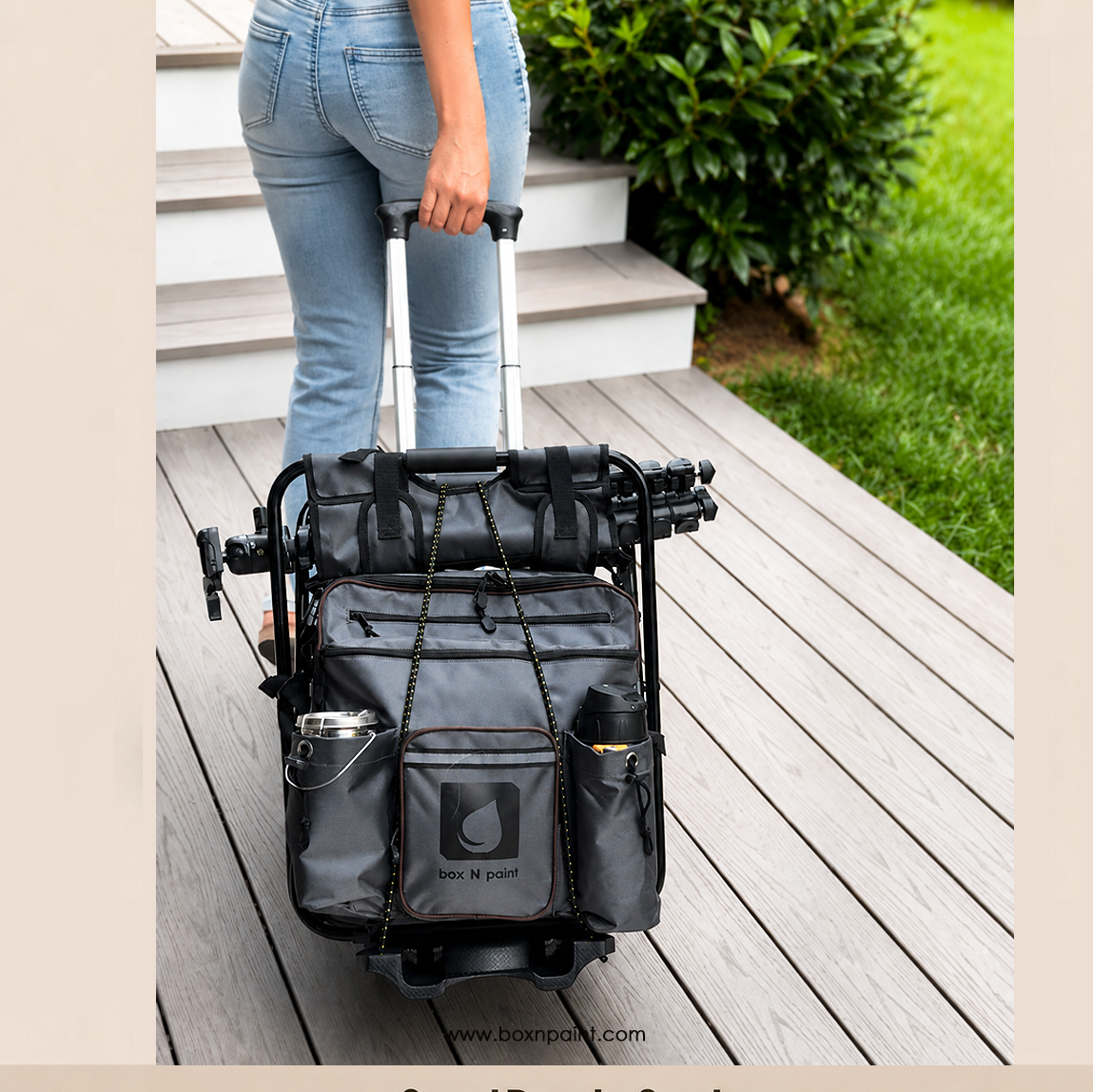 Person wearing a backpack with a tripod attached, walking on grassy ground.