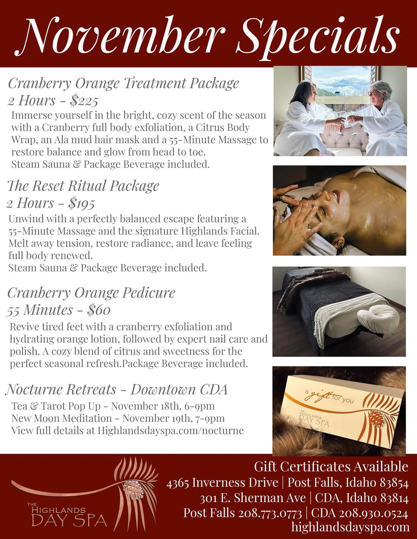 November at Highlands is all about warmth, renewal, and grounding before the holiday rush. 🍂✨

From the Cranberry Orange Treatment Package to The Reset Ritual and Cranberry Orange Pedicure, each experience is designed to restore your glow and calm y