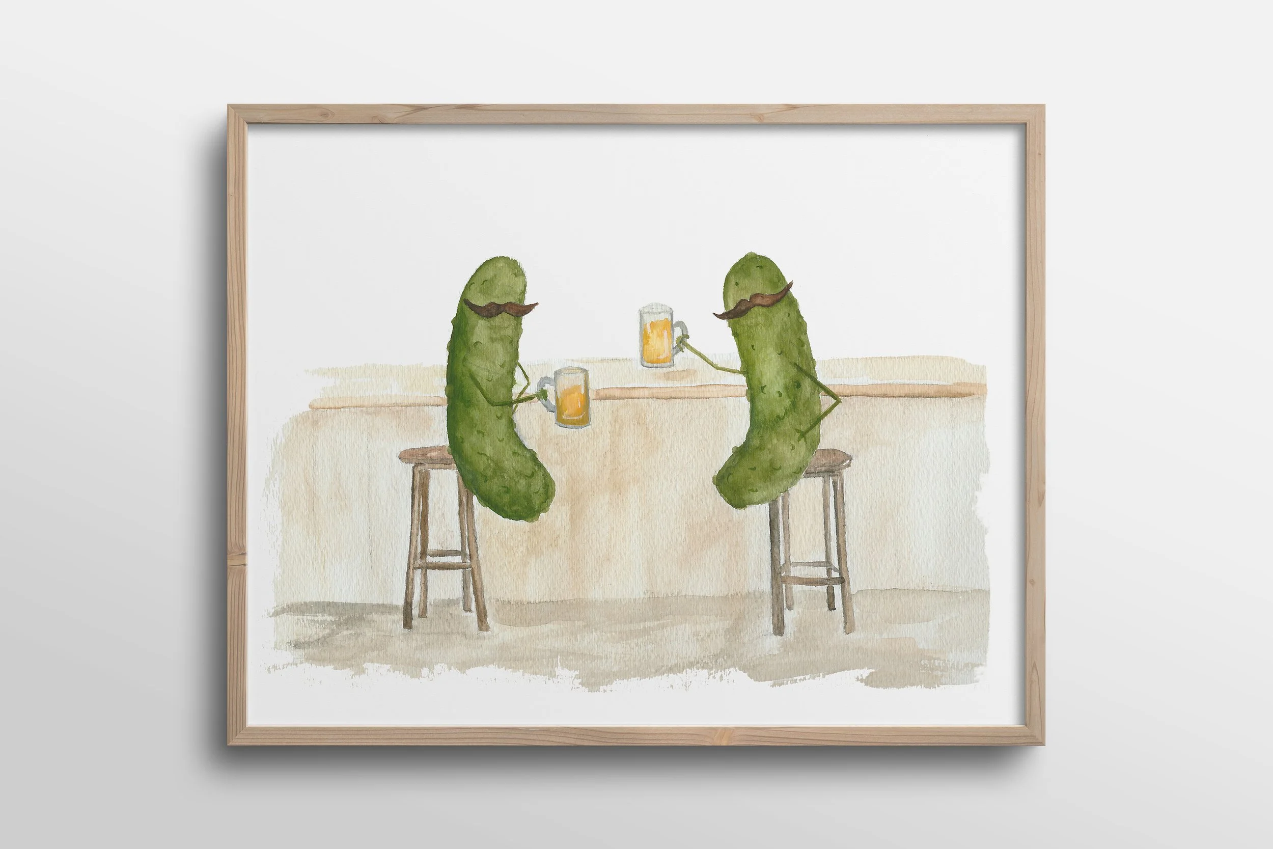 Whimsical Pickles Drinking Beer at the Pub Watercolor Fine Art Print