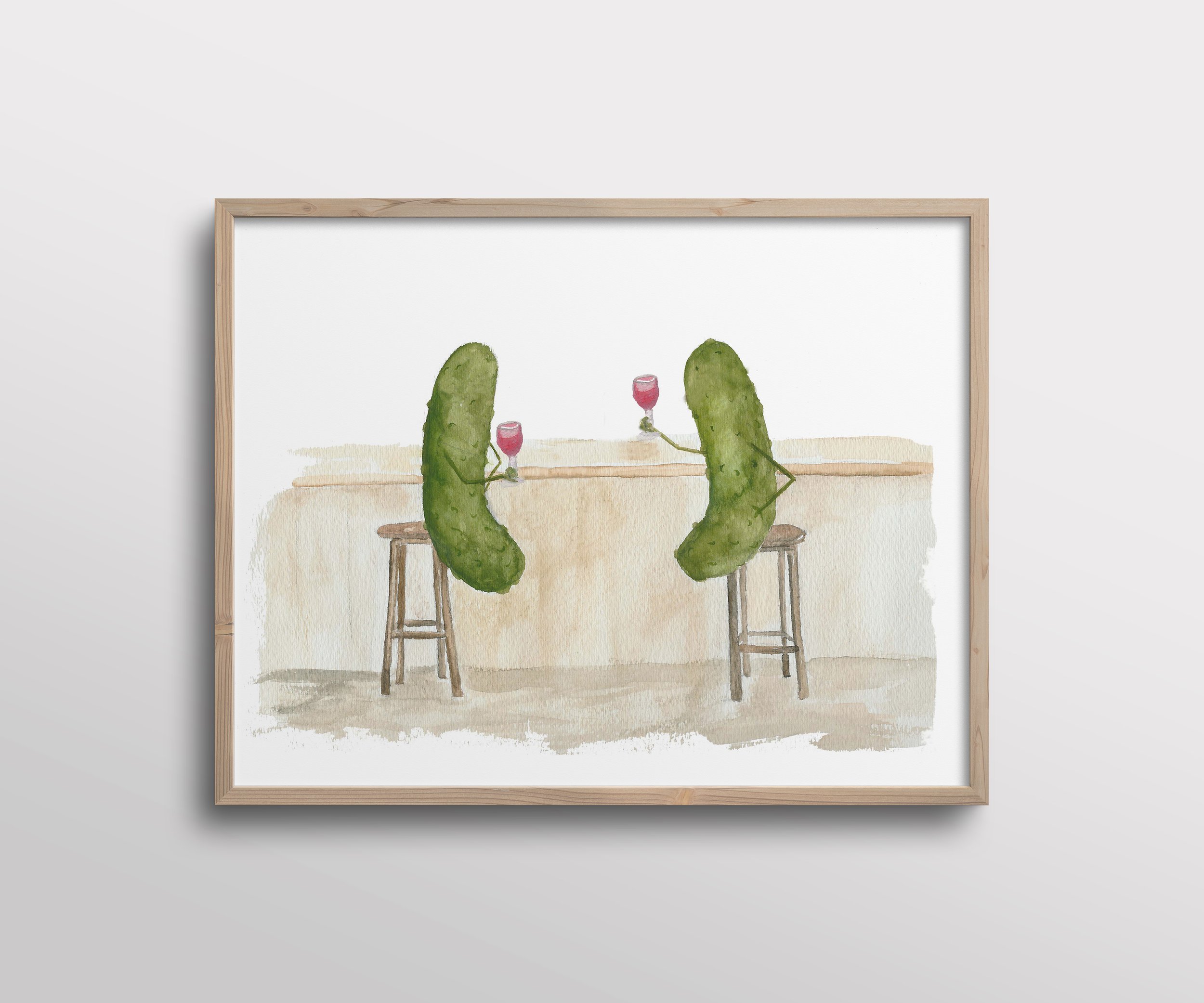 Whimsical Pickles Drinking Wine at the Bar Watercolor Fine Art Print