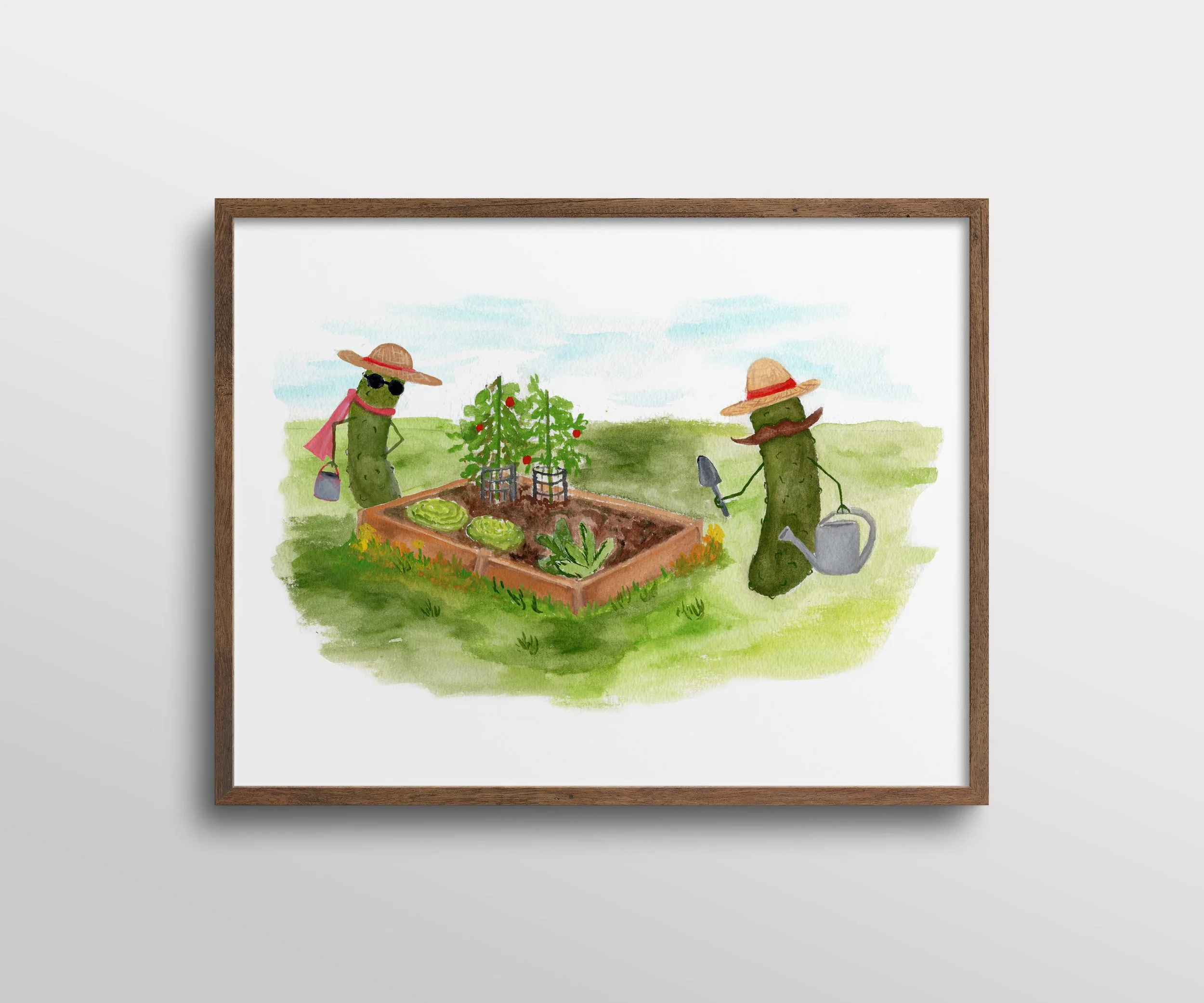 Whimsical Pickles Gardening in a Raised Bed Garden Watercolor Art Print