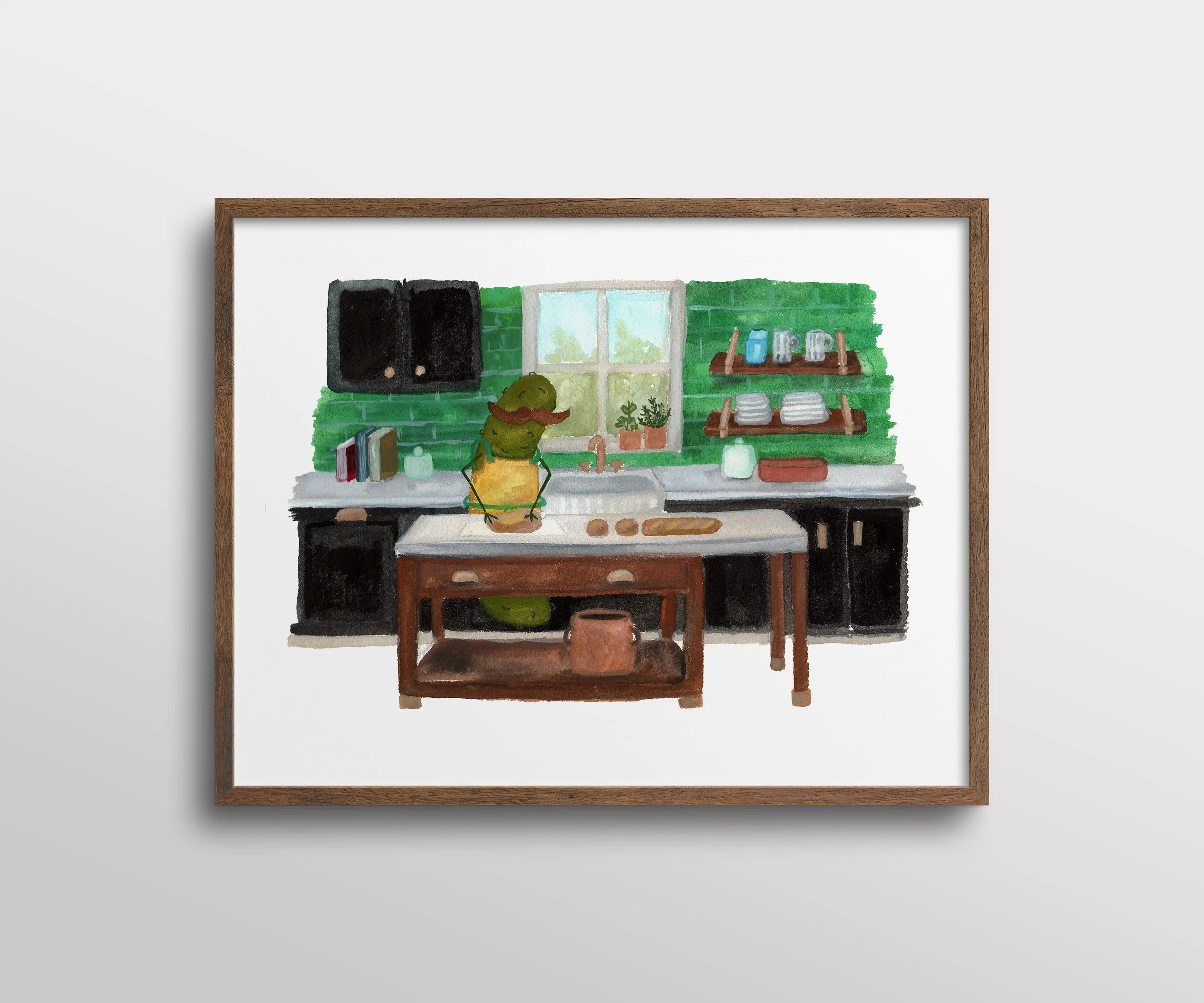 Whimsical Pickle Baking in the Kitchen Watercolor Art Print