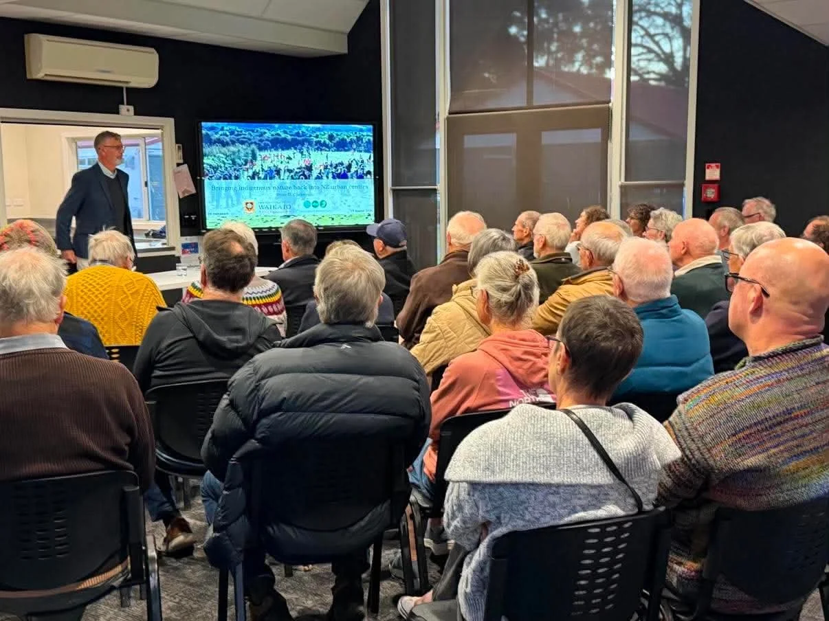 Professor Bruce Clarkson speaking to a community audience at Tamahere Community Hall about native ecosystem reconstruction.